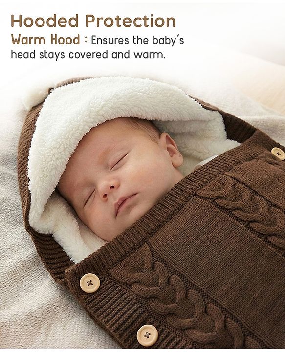 Babyhug Premium Hooded Knitted Blanket Sleeping Bag with Soft Fur Lining - Brown| Warm & Cozy Winter Wrapper| Machine Washable| Button Closure