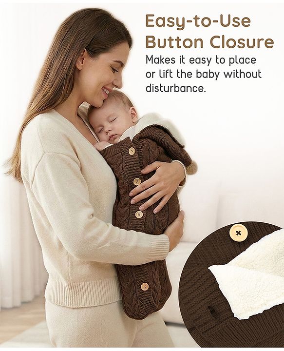 Babyhug Premium Hooded Knitted Blanket Sleeping Bag with Soft Fur Lining - Brown| Warm & Cozy Winter Wrapper| Machine Washable| Button Closure