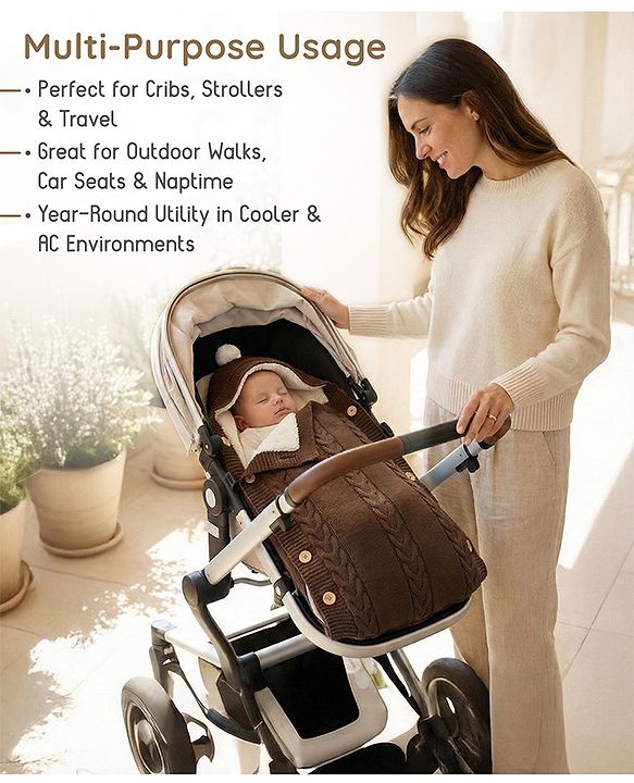 Babyhug Premium Hooded Knitted Blanket Sleeping Bag with Soft Fur Lining - Brown| Warm & Cozy Winter Wrapper| Machine Washable| Button Closure