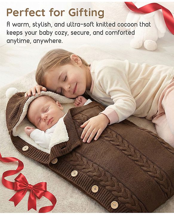 Babyhug Premium Hooded Knitted Blanket Sleeping Bag with Soft Fur Lining - Brown| Warm & Cozy Winter Wrapper| Machine Washable| Button Closure
