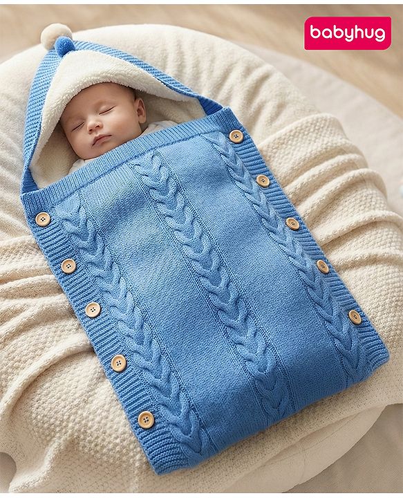 Babyhug Premium Hooded Knitted Blanket Sleeping Bag with Soft Fur Lining - Brown| Warm & Cozy Winter Wrapper| Machine Washable| Button Closure