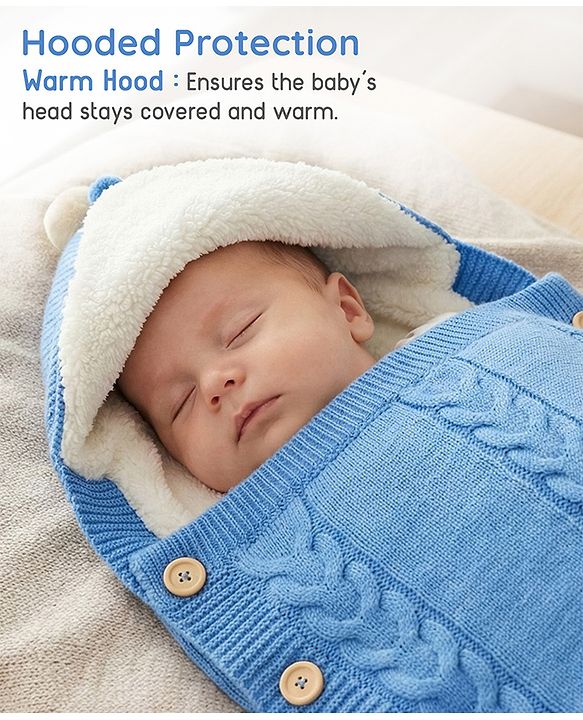 Babyhug Premium Hooded Knitted Blanket Sleeping Bag with Soft Fur Lining - Brown| Warm & Cozy Winter Wrapper| Machine Washable| Button Closure