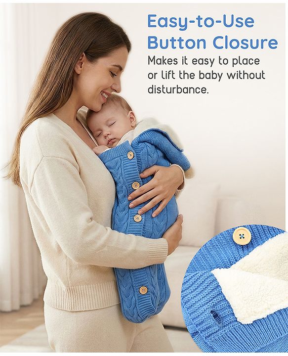 Babyhug Premium Hooded Knitted Blanket Sleeping Bag with Soft Fur Lining - Brown| Warm & Cozy Winter Wrapper| Machine Washable| Button Closure