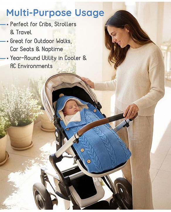 Babyhug Premium Hooded Knitted Blanket Sleeping Bag with Soft Fur Lining - Brown| Warm & Cozy Winter Wrapper| Machine Washable| Button Closure