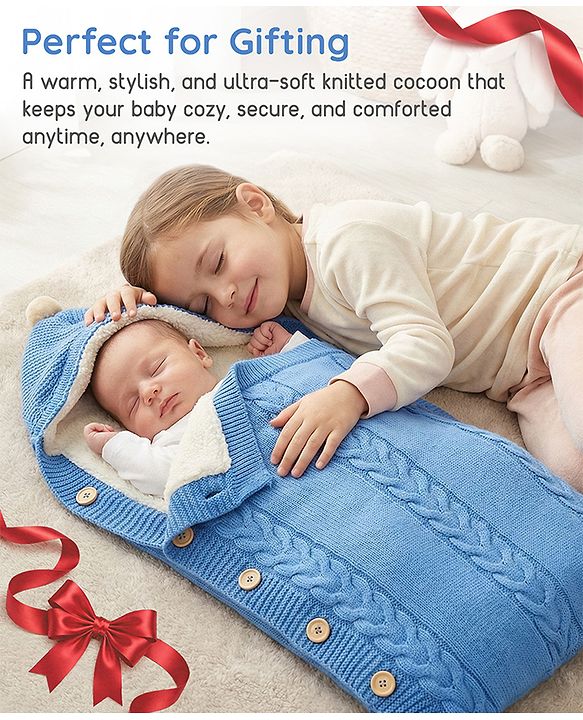 Babyhug Premium Hooded Knitted Blanket Sleeping Bag with Soft Fur Lining - Brown| Warm & Cozy Winter Wrapper| Machine Washable| Button Closure