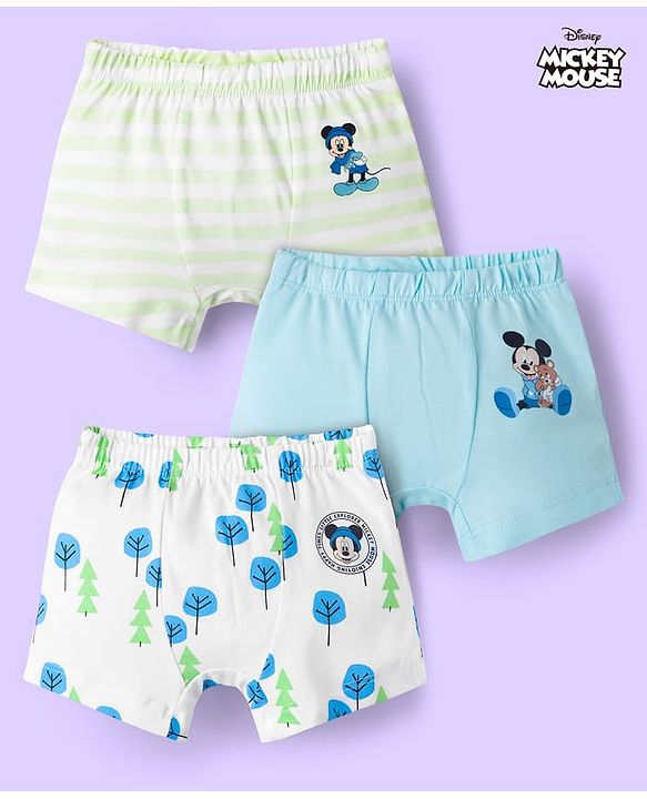 Babyhug Disney Lycra Knit Trunks with Mickey Mouse Graphic Pack of 3 - Light Blue White & Light Green