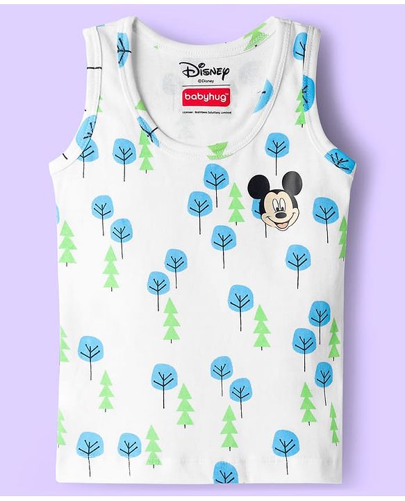 Babyhug Disney Single Jersey Knit Sleeveless Vest with Mickey Mouse Graphic Pack of 3 - Light Blue White & Light Green