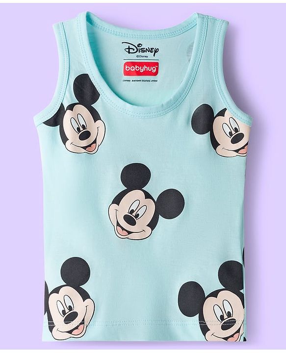 Babyhug Disney Single Jersey Knit Sleeveless Vest with Mickey Mouse Graphic Pack of 3 - Light Blue White & Light Green