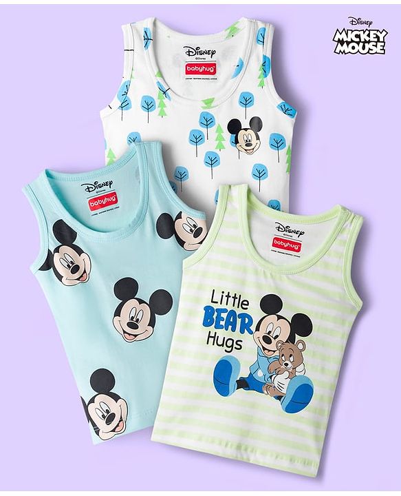 Babyhug Disney Single Jersey Knit Sleeveless Vest with Mickey Mouse Graphic Pack of 3 - Light Blue White & Light Green