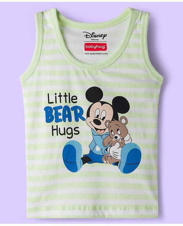 Babyhug Disney Single Jersey Knit Sleeveless Vest with Mickey Mouse Graphic Pack of 3 - Light Blue White & Light Green