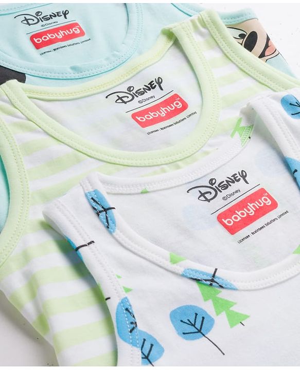 Babyhug Disney Single Jersey Knit Sleeveless Vest with Mickey Mouse Graphic Pack of 3 - Light Blue White & Light Green