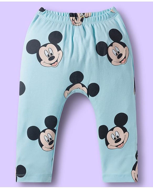 Babyhug Disney Interlock Knit Full Length Diaper Leggings With Mickey Mouse Print Pack Of 3 - Light Blue White & Green