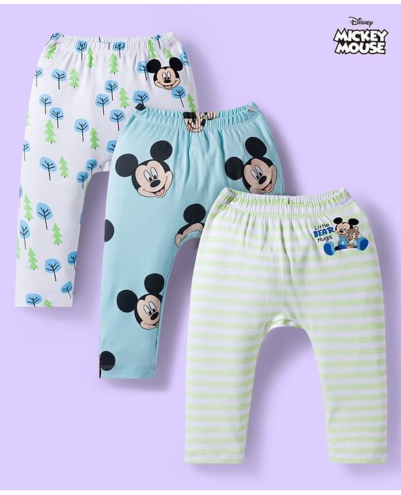 Babyhug Disney Interlock Knit Full Length Diaper Leggings With Mickey Mouse Print Pack Of 3 - Light Blue White & Green