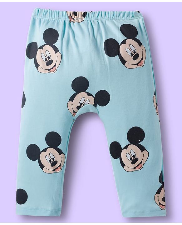Babyhug Disney Interlock Knit Full Length Diaper Leggings With Mickey Mouse Print Pack Of 3 - Light Blue White & Green