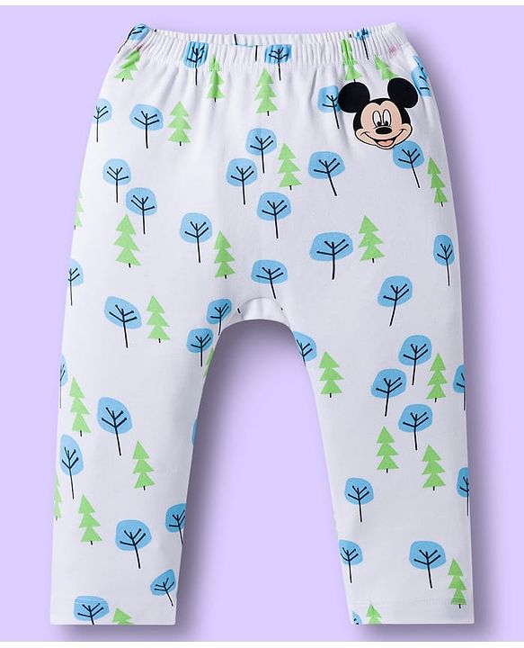Babyhug Disney Interlock Knit Full Length Diaper Leggings With Mickey Mouse Print Pack Of 3 - Light Blue White & Green