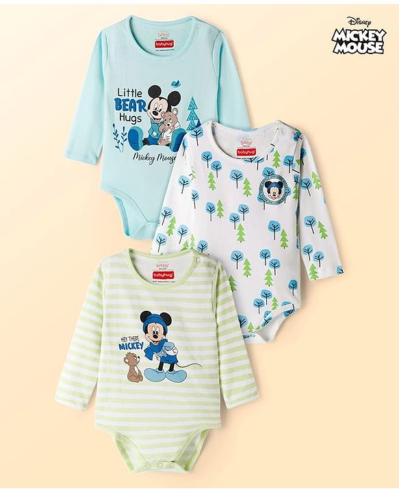Babyhug Disney Interlock Knit Full Sleeves Onesies with Minnie Mouse Graphic Pack of 3 - Light Green Light Blue & White