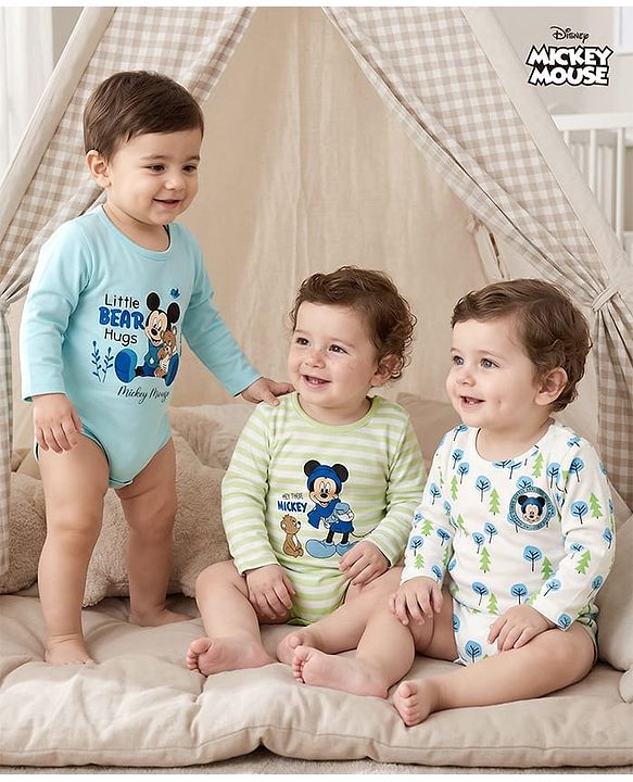 Babyhug Disney Interlock Knit Full Sleeves Onesies with Minnie Mouse Graphic Pack of 3 - Light Green Light Blue & White