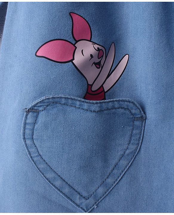 Babyhug Disney Denim Knit Dress with Full Sleeves and Piglet Embroidery in Blue