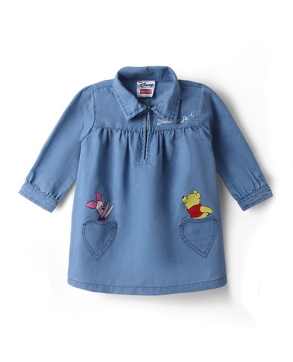 Babyhug Disney Denim Knit Dress with Full Sleeves and Piglet Embroidery in Blue
