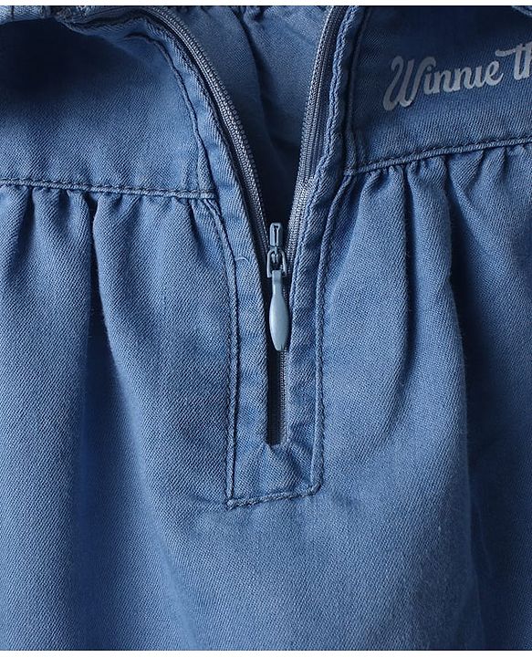 Babyhug Disney Denim Knit Dress with Full Sleeves and Piglet Embroidery in Blue