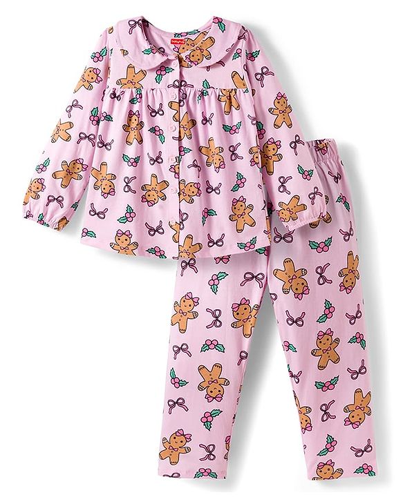 Babyhug Cotton Knit Full Sleeves Co-Ord Night Suit with Bow & Cookie Print - Pink