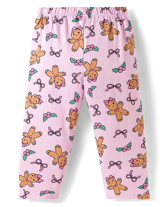 Babyhug Cotton Knit Full Sleeves Co-Ord Night Suit with Bow & Cookie Print - Pink