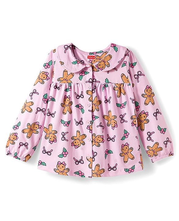 Babyhug Cotton Knit Full Sleeves Co-Ord Night Suit with Bow & Cookie Print - Pink