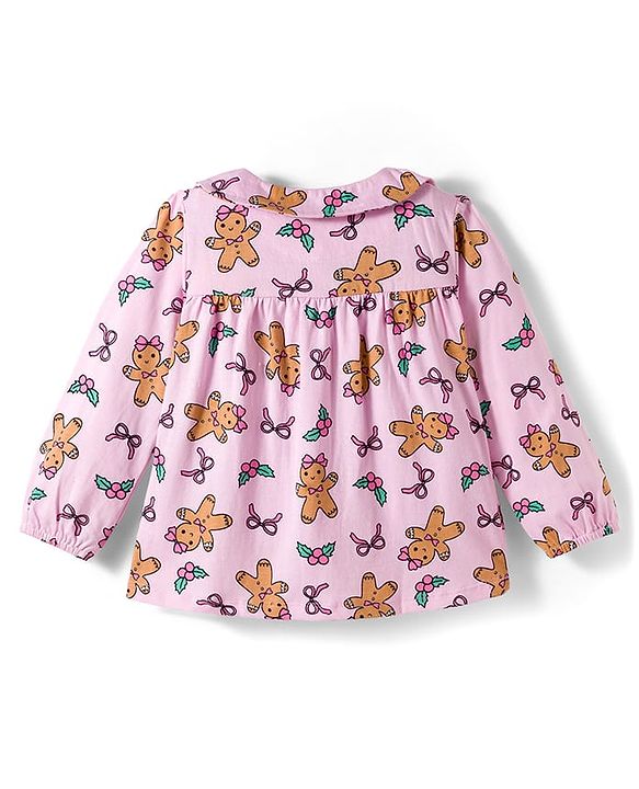 Babyhug Cotton Knit Full Sleeves Co-Ord Night Suit with Bow & Cookie Print - Pink