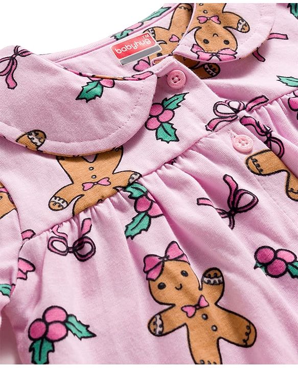 Babyhug Cotton Knit Full Sleeves Co-Ord Night Suit with Bow & Cookie Print - Pink