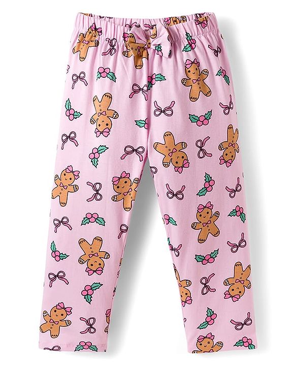 Babyhug Cotton Knit Full Sleeves Co-Ord Night Suit with Bow & Cookie Print - Pink