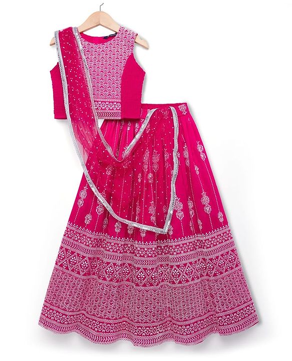 Pine Kids Woven Sleeveless Smoke Detailing Embroidered Choli & Lahenga Set With Dupatta - Pink