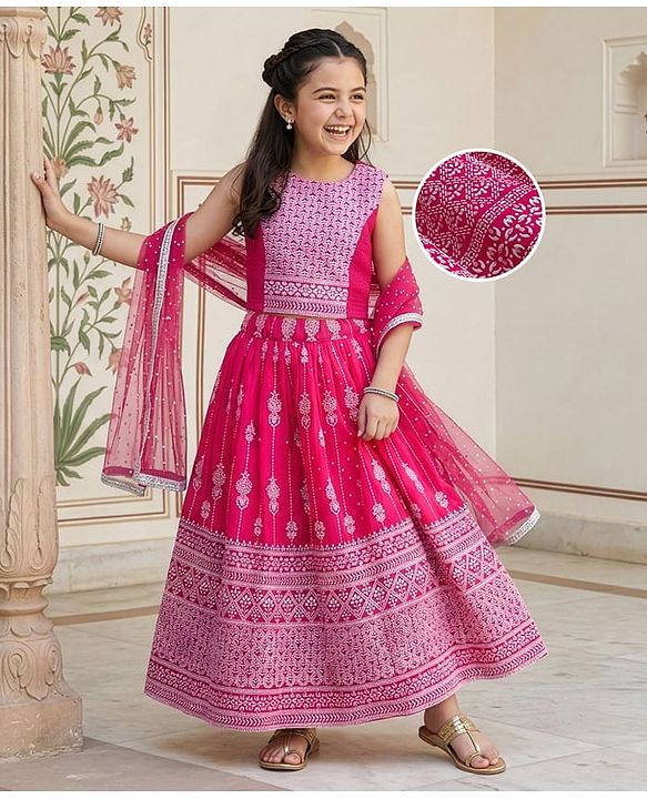 Pine Kids Woven Sleeveless Smoke Detailing Embroidered Choli & Lahenga Set With Dupatta - Pink