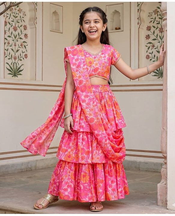 Pine Kids Woven Half Sleeves Floral Printed Choli Lehenga Set with Dupatta - Pink