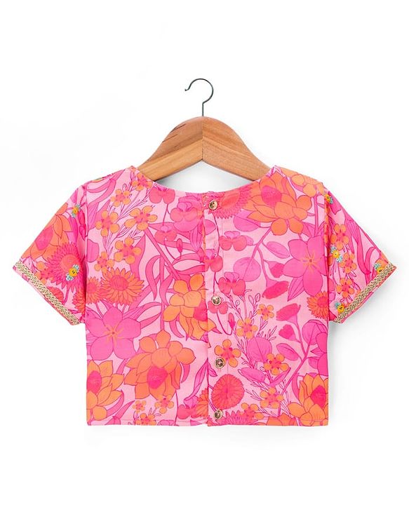 Pine Kids Woven Half Sleeves Floral Printed Choli Lehenga Set with Dupatta - Pink