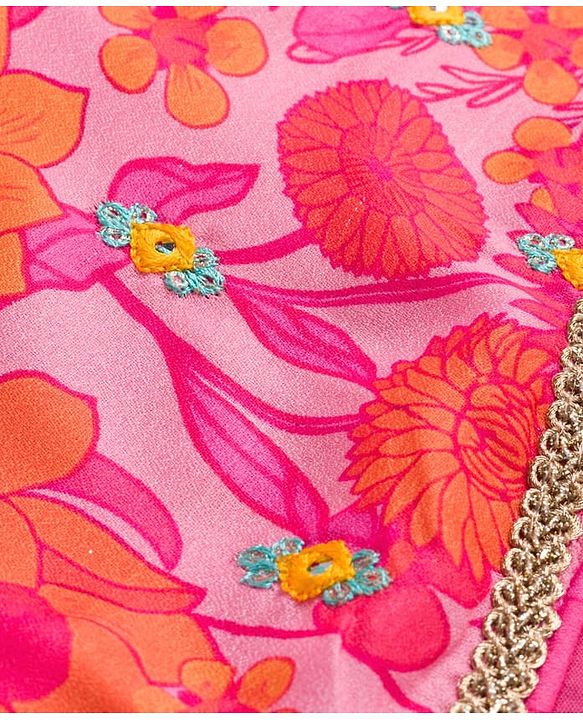 Pine Kids Woven Half Sleeves Floral Printed Choli Lehenga Set with Dupatta - Pink