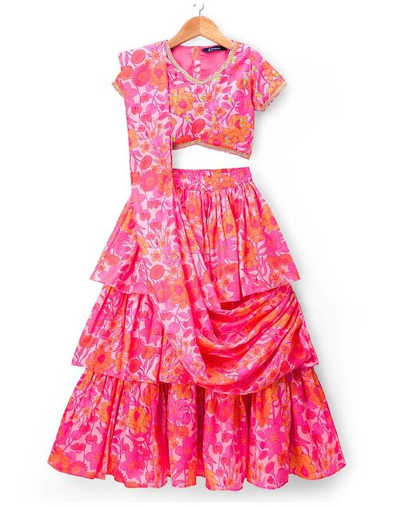 Pine Kids Woven Half Sleeves Floral Printed Choli Lehenga Set with Dupatta - Pink