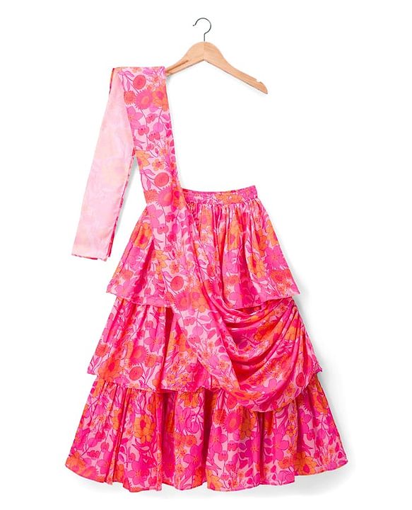 Pine Kids Woven Half Sleeves Floral Printed Choli Lehenga Set with Dupatta - Pink