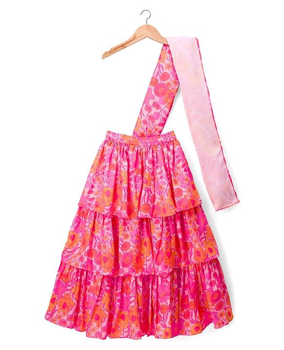 Pine Kids Woven Half Sleeves Floral Printed Choli Lehenga Set with Dupatta - Pink