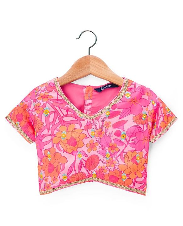 Pine Kids Woven Half Sleeves Floral Printed Choli Lehenga Set with Dupatta - Pink