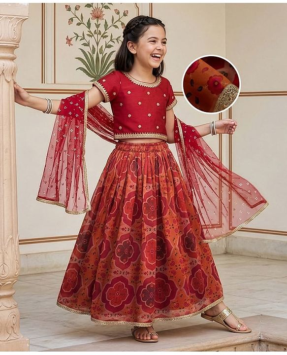 Pine Kids Woven Half Sleeves Lehenga Choli Set With Floral Print & Dupatta - Rust Orange