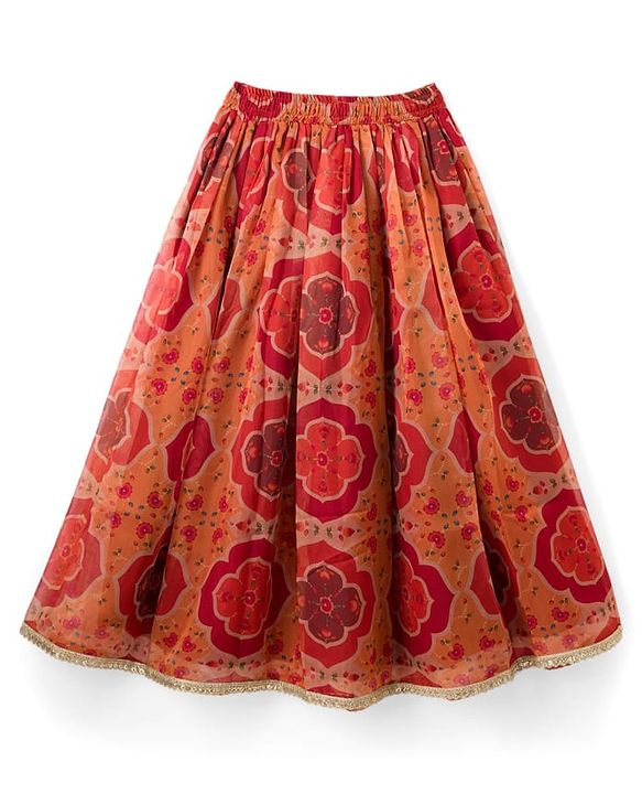 Pine Kids Woven Half Sleeves Lehenga Choli Set With Floral Print & Dupatta - Rust Orange