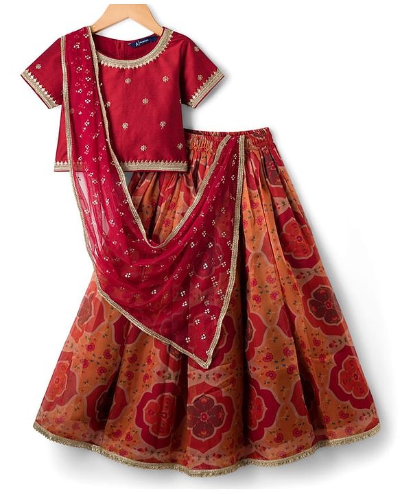 Pine Kids Woven Half Sleeves Lehenga Choli Set With Floral Print & Dupatta - Rust Orange