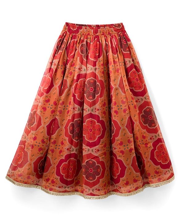 Pine Kids Woven Half Sleeves Lehenga Choli Set With Floral Print & Dupatta - Rust Orange