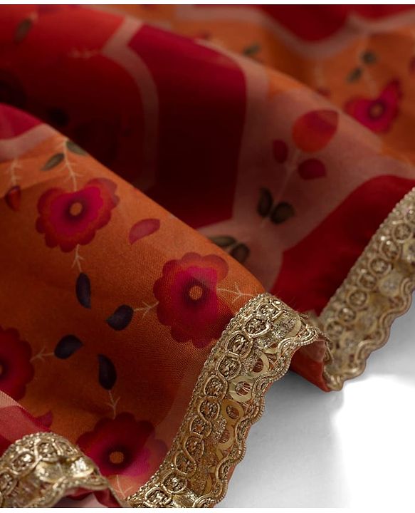 Pine Kids Woven Half Sleeves Lehenga Choli Set With Floral Print & Dupatta - Rust Orange