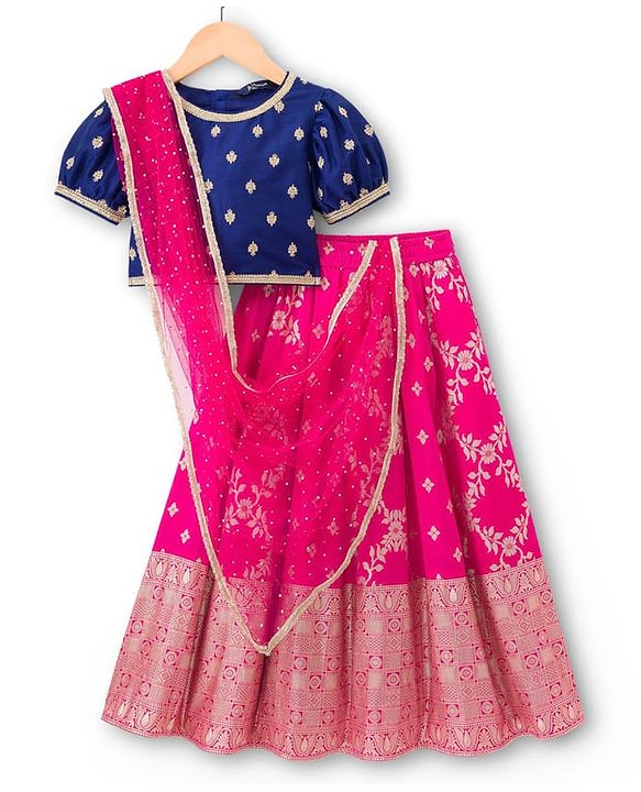 Pine Kids Woven Half Sleeves Choli Lehenga & Dupatta Set With Floral Foil Embroidered & Printed - Navy Blue & Pink