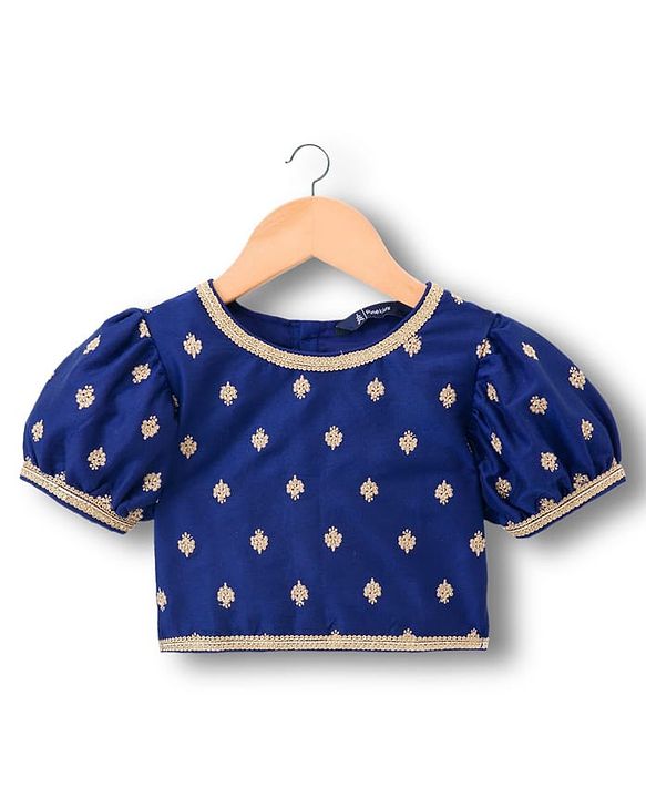 Pine Kids Woven Half Sleeves Choli Lehenga & Dupatta Set With Floral Foil Embroidered & Printed - Navy Blue & Pink