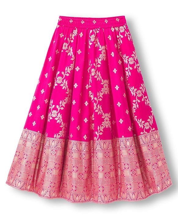 Pine Kids Woven Half Sleeves Choli Lehenga & Dupatta Set With Floral Foil Embroidered & Printed - Navy Blue & Pink