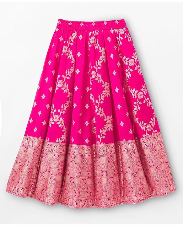 Pine Kids Woven Half Sleeves Choli Lehenga & Dupatta Set With Floral Foil Embroidered & Printed - Navy Blue & Pink