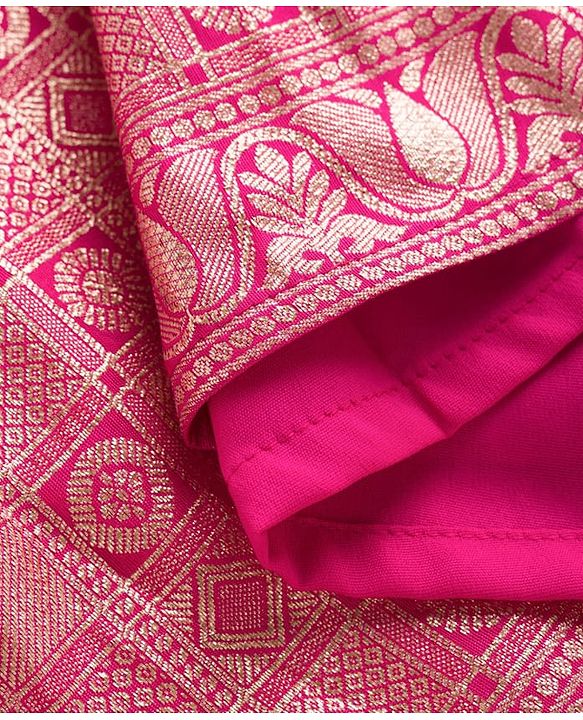 Pine Kids Woven Half Sleeves Choli Lehenga & Dupatta Set With Floral Foil Embroidered & Printed - Navy Blue & Pink
