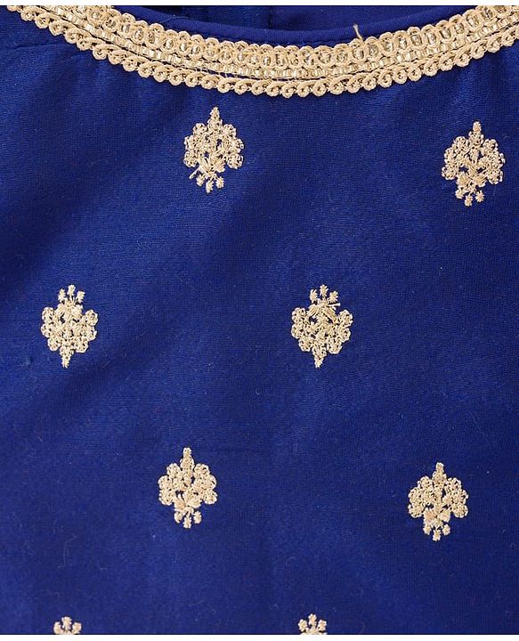 Pine Kids Woven Half Sleeves Choli Lehenga & Dupatta Set With Floral Foil Embroidered & Printed - Navy Blue & Pink